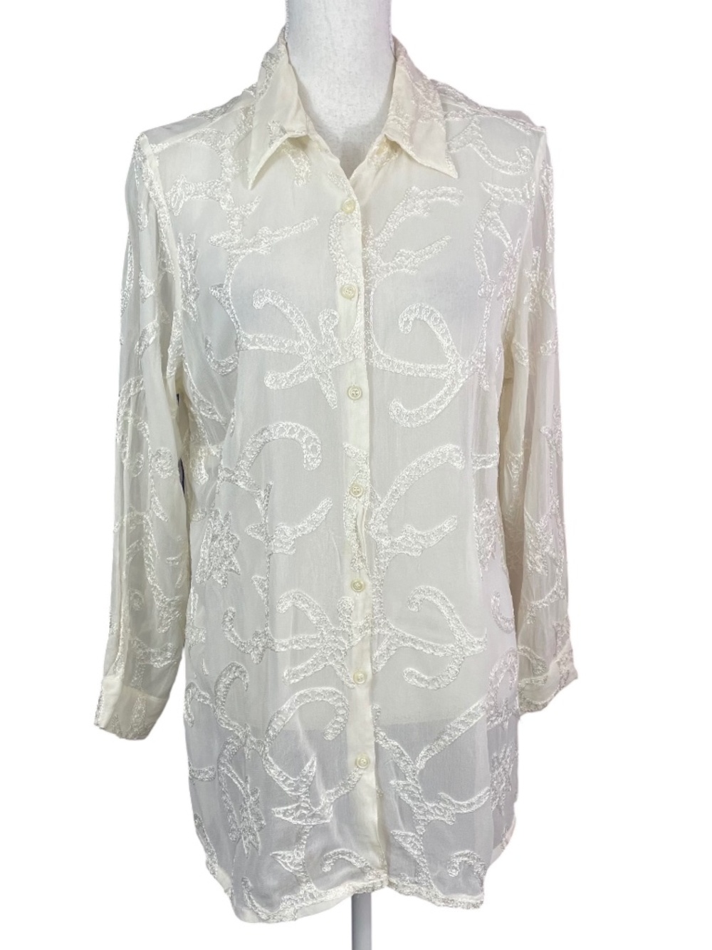 Sheer Embroidered Blouse XL 14 16 Cream Beige Coral Starfish Button-up Tunic Top